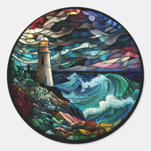 Stained Glass Lighthouse Classic Round Sticker