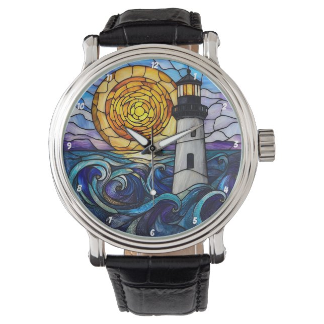 Stained Glass Lighthouse Ocean Sunset Watch (Front)