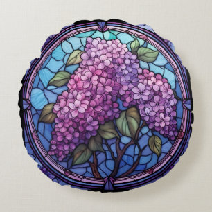 Stained Glass Lilac Blossoms Round Cushion
