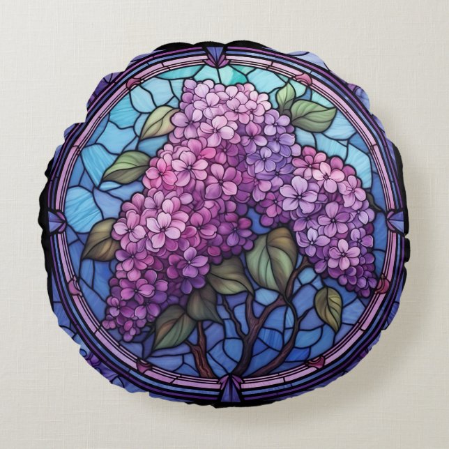 Stained Glass Lilac Blossoms Round Cushion (Front)