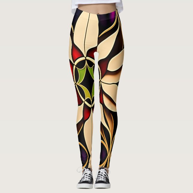 Stained glass lily Red Mosaic Pattern Leggings (Front)