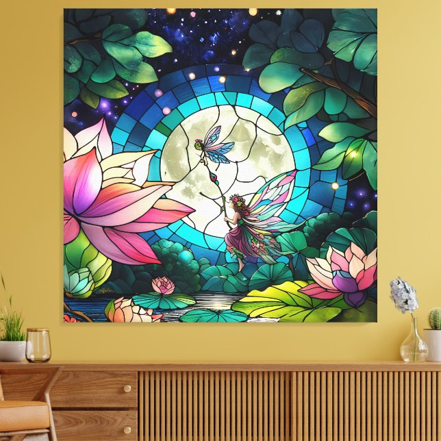 Stained Glass Little Fairy With Dragonfly Canvas Print (Insitu(LivingRoom))
