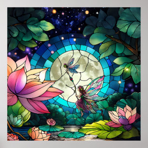 Stained Glass Little Fairy With Dragonfly Poster