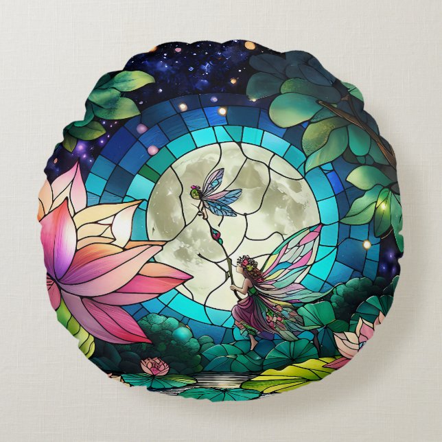 Stained Glass Little Fairy With Dragonfly Round Cushion (Front)