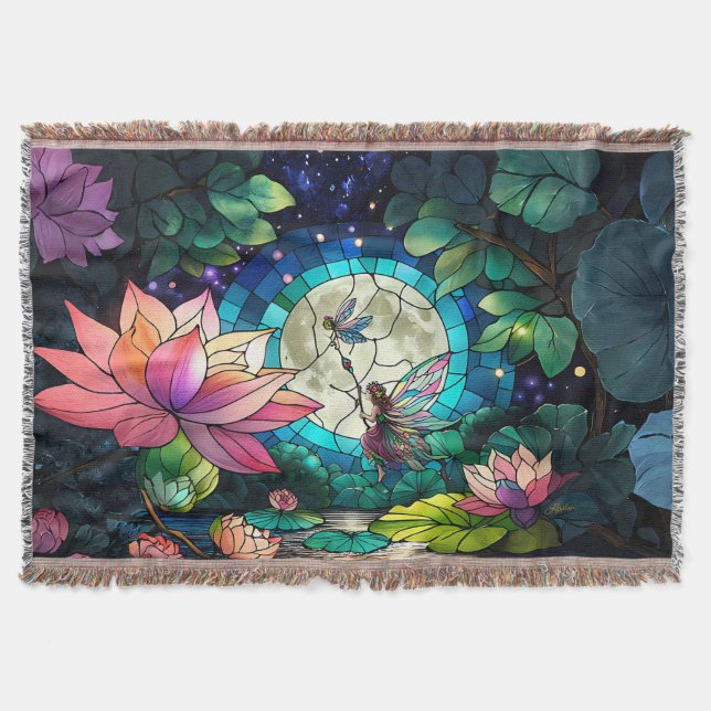 Stained Glass Little Fairy With Dragonfly Throw Blanket (Front)