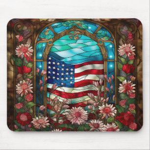STAINED GLASS LOOK AMERICAN FLAG AND FLOWERS MOUSE MAT