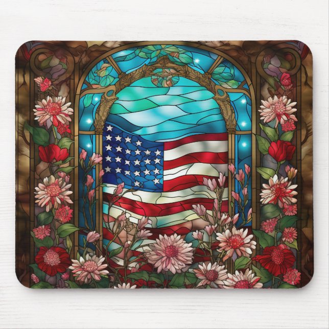 STAINED GLASS LOOK AMERICAN FLAG AND FLOWERS MOUSE MAT (Front)