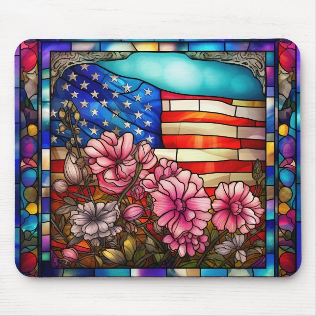 STAINED GLASS LOOK AMERICAN FLAG AND FLOWERS MOUSE MAT (Front)