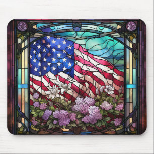 STAINED GLASS LOOK AMERICAN FLAG AND FLOWERS MOUSE MAT