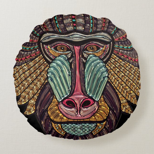 Stained glass look baboon animal african art round cushion (Front)