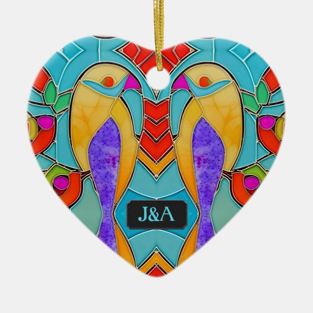 Stained Glass Look Birds with Pair of Initials Ceramic Tree Decoration (Front)
