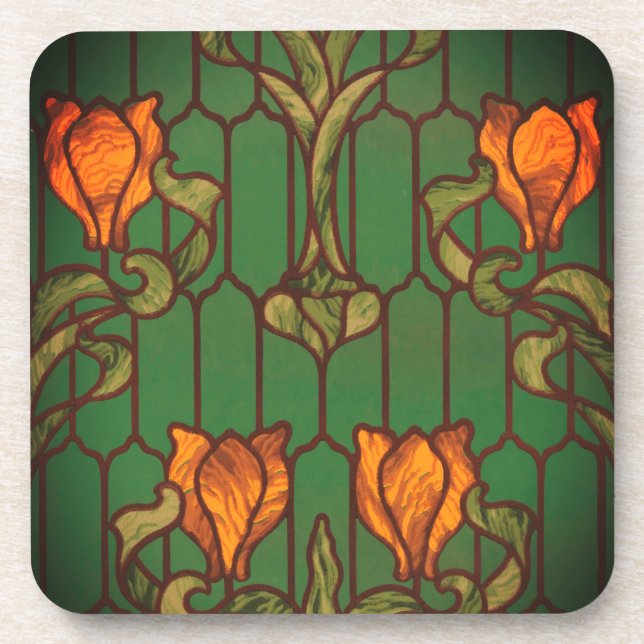 Stained glass look floral art nouveau flowers  coaster (Front)