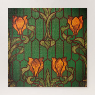Stained glass look floral art nouveau flowers  jigsaw puzzle