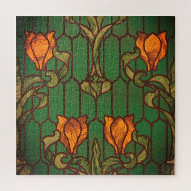 Stained glass look floral art nouveau flowers  jigsaw puzzle (Vertical)