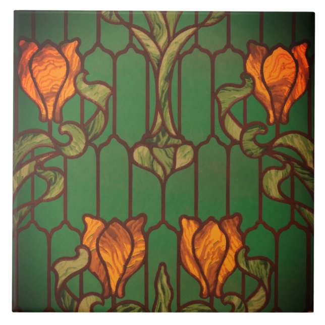 Stained glass look floral art nouveau flowers  tile (Front)