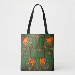 Stained glass look floral art nouveau flowers  tote bag