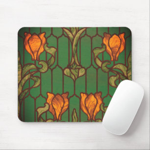 Stained glass look floral art nouveau orange green mouse mat