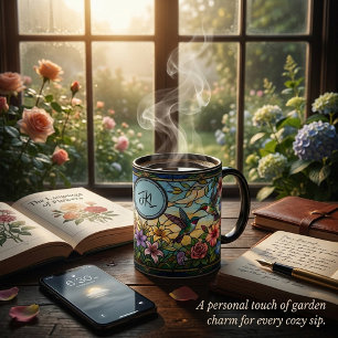 Stained glass look hummingbirds floral monogram mug