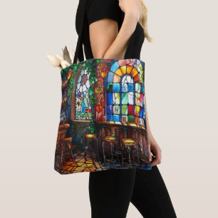 STAINED GLASS LOOK IRISH PUB SCENE TOTE BAG