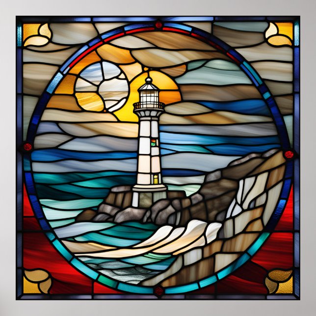 Stained Glass Look Lighthouse Downloadable Design Poster (Front)