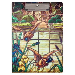 Stained glass look mallard ducks pond blue brown clipboard