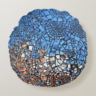 Stained Glass look mosaic abstract blue brown Round Cushion