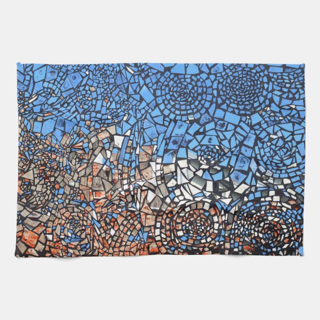 Stained Glass look mosaic abstract blue brown Tea Towel (Horizontal)