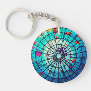Stained glass look ocean life tropical fish blue key ring