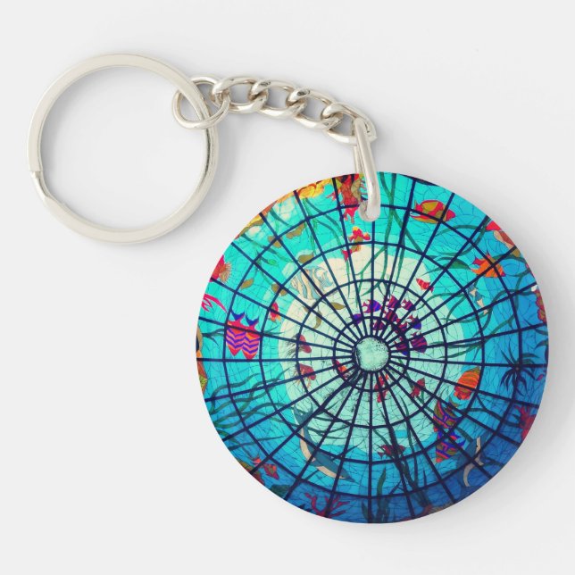 Stained glass look ocean life tropical fish blue key ring (Front)