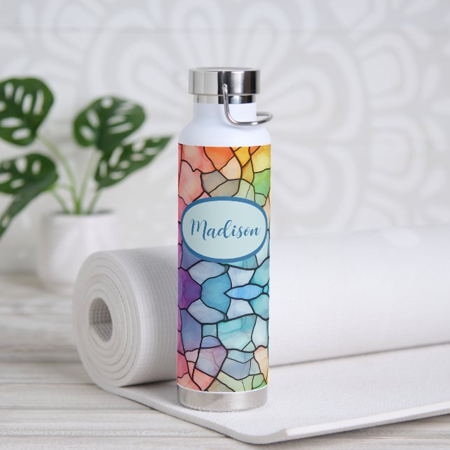 Stained Glass Look Rainbow Alcohol and Ink  Water Bottle (Yoga)