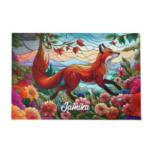 Stained Glass Look Red Fox and Flowers