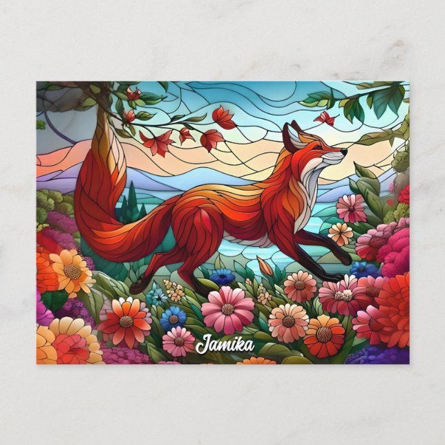 Stained Glass Look Red Fox and Flowers Postcard (Front)