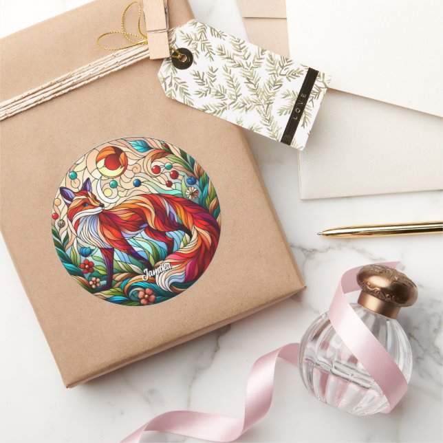 Stained Glass Look Red Fox Classic Round Sticker (Gifting)