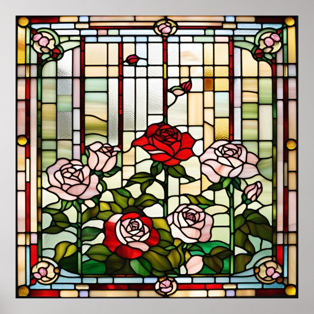 Stained Glass Look Rose Garden Design Poster (Front)