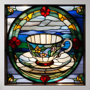 Stained Glass Look Tea Cup and Saucer Design Poster