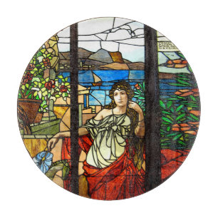 Stained glass look with lady sitting. cutting board