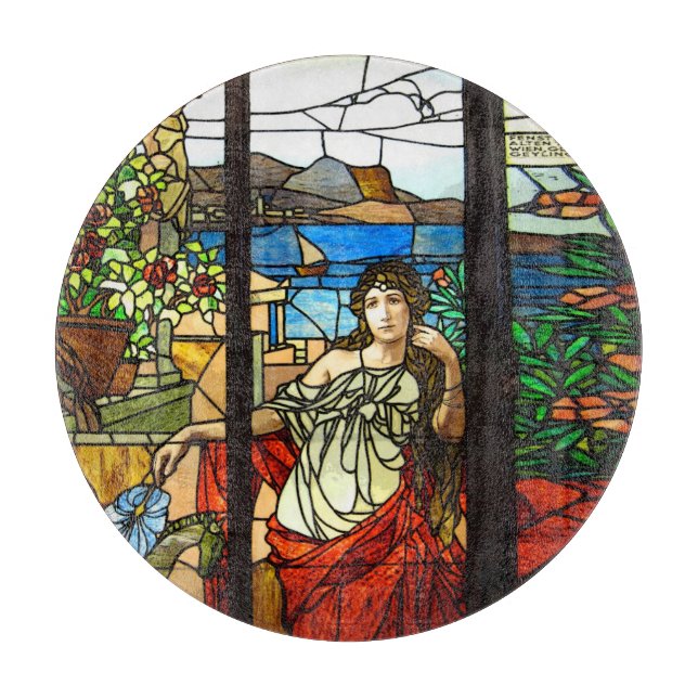 Stained glass look with lady sitting. cutting board (Front)