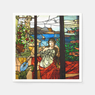 Stained glass look with lady sitting. napkin