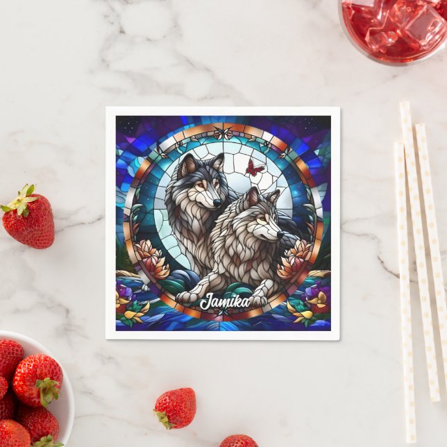 Stained Glass Look Wolf Pair Napkin (Insitu)