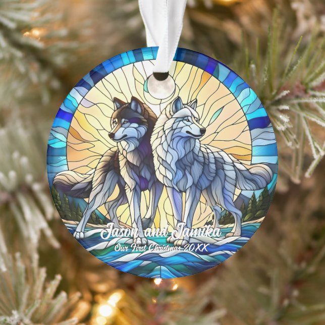 Stained Glass Look Wolf Pair Ornament (Tree)