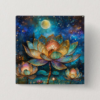 Stained Glass Lotus Blossoms in the Moonlight 15 Cm Square Badge