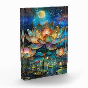 Stained Glass Lotus Blossoms in the Moonlight Photo Block