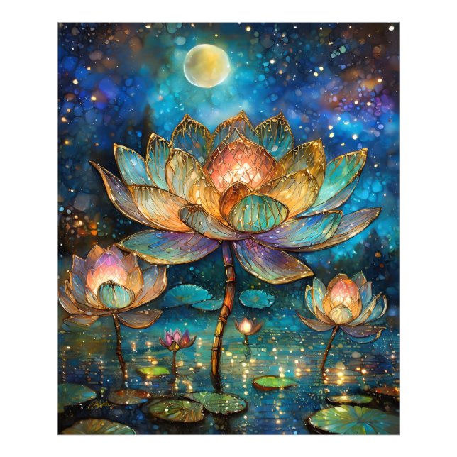 Stained Glass Lotus Blossoms in the Moonlight Photo Print (Front)