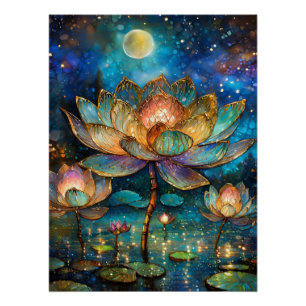 Stained Glass Lotus Blossoms in the Moonlight Poster
