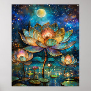 Stained Glass Lotus Blossoms in the Moonlight Poster