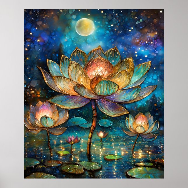 Stained Glass Lotus Blossoms in the Moonlight Poster (Front)