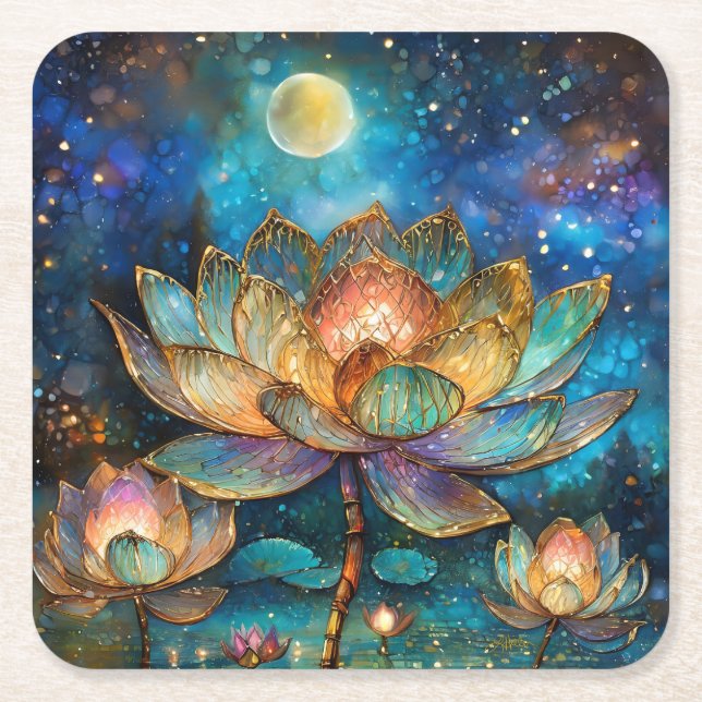 Stained Glass Lotus Blossoms in the Moonlight Square Paper Coaster (Front)