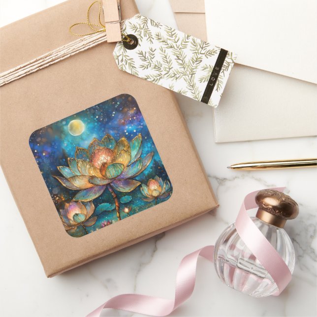 Stained Glass Lotus Blossoms in the Moonlight Square Sticker (Gifting)