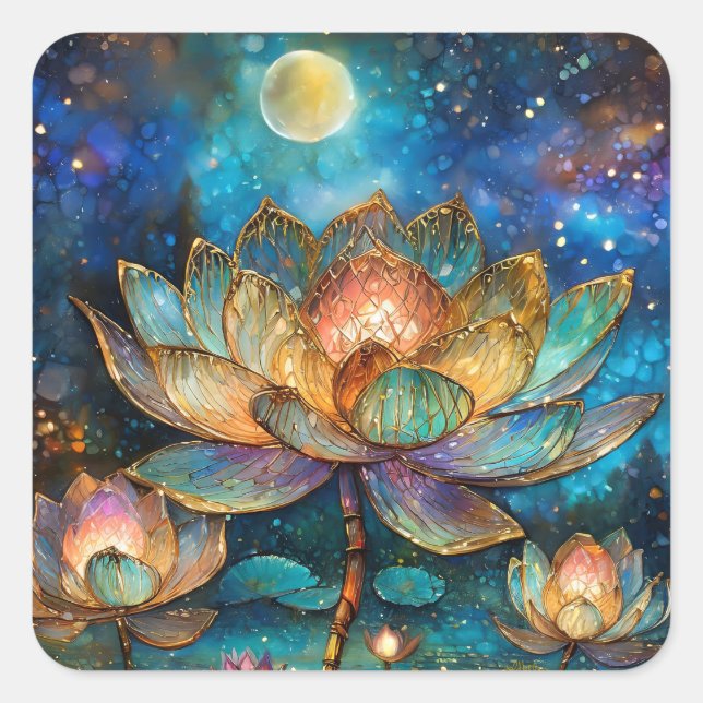 Stained Glass Lotus Blossoms in the Moonlight Square Sticker (Front)