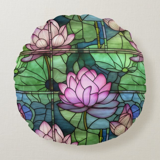 Stained Glass Lotus Round Pillow (Front)